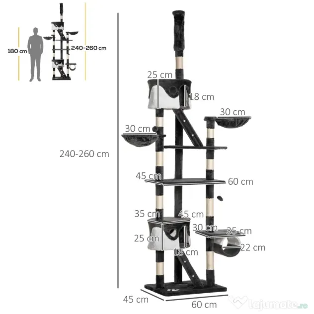 PawHut Stâlp Multifuncțional de Zgâriat cu Pod, Scări și Frânghii Sisal, 60x45x240-260cm, Gri și Alb | Aosom Romania