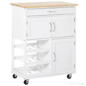 HOMCOM Cărucior Bucătărie cu Suport Sticle, Lemn de Cauciuc și MDF, 67x37x87cm, Design Elegant, Alb | Aosom Romania 