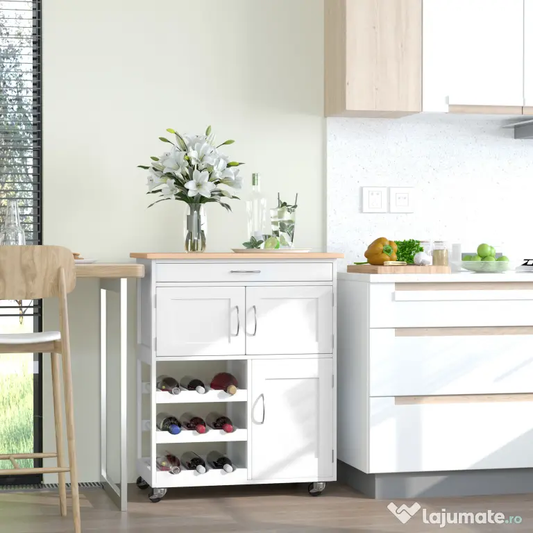 HOMCOM Cărucior Bucătărie cu Suport Sticle, Lemn de Cauciuc și MDF, 67x37x87cm, Design Elegant, Alb | Aosom Romania