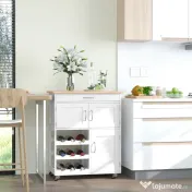 HOMCOM Cărucior Bucătărie cu Suport Sticle, Lemn de Cauciuc și MDF, 67x37x87cm, Design Elegant, Alb | Aosom Romania 