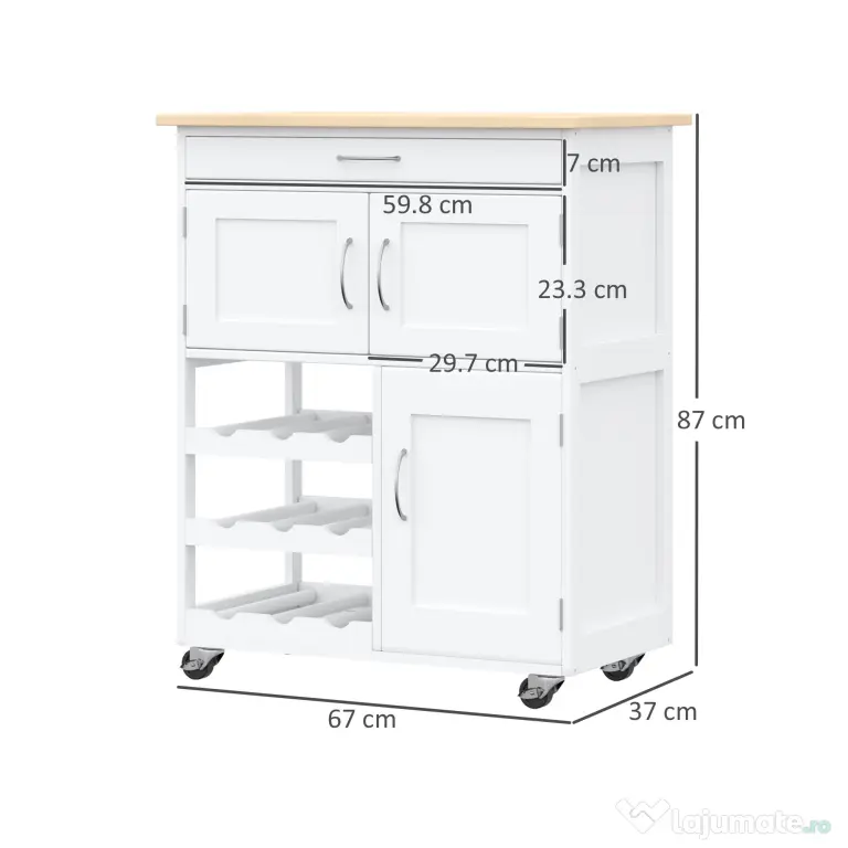 HOMCOM Cărucior Bucătărie cu Suport Sticle, Lemn de Cauciuc și MDF, 67x37x87cm, Design Elegant, Alb | Aosom Romania