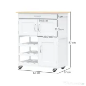 HOMCOM Cărucior Bucătărie cu Suport Sticle, Lemn de Cauciuc și MDF, 67x37x87cm, Design Elegant, Alb | Aosom Romania 