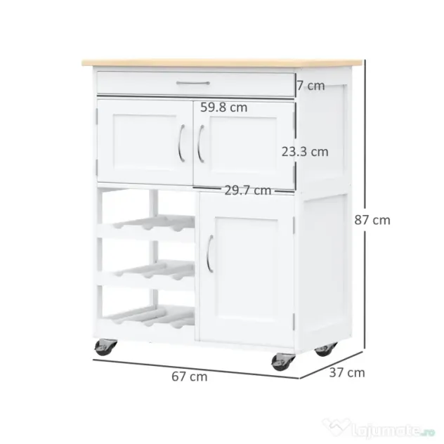 HOMCOM Cărucior Bucătărie cu Suport Sticle, Lemn de Cauciuc și MDF, 67x37x87cm, Design Elegant, Alb | Aosom Romania