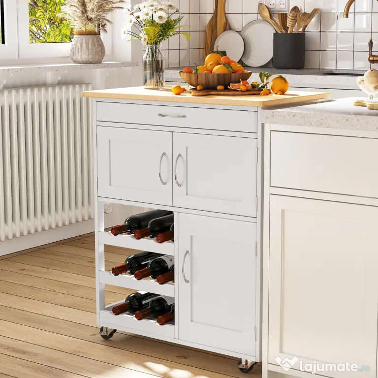 HOMCOM Cărucior Bucătărie cu Suport Sticle, Lemn de Cauciuc și MDF, 67x37x87cm, Design Elegant, Alb | Aosom Romania