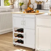 HOMCOM Cărucior Bucătărie cu Suport Sticle, Lemn de Cauciuc și MDF, 67x37x87cm, Design Elegant, Alb | Aosom Romania 