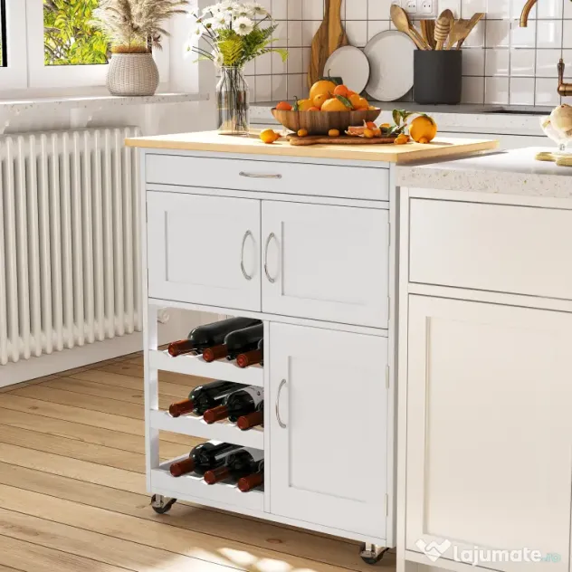 HOMCOM Cărucior Bucătărie cu Suport Sticle, Lemn de Cauciuc și MDF, 67x37x87cm, Design Elegant, Alb | Aosom Romania