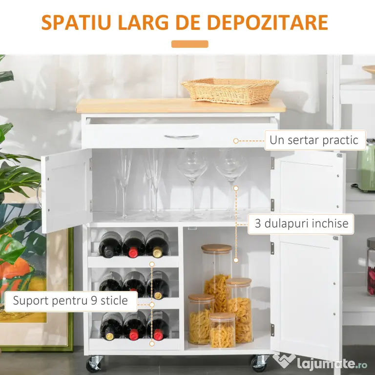 HOMCOM Cărucior Bucătărie cu Suport Sticle, Lemn de Cauciuc și MDF, 67x37x87cm, Design Elegant, Alb | Aosom Romania