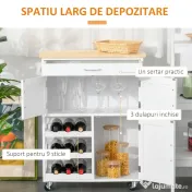 HOMCOM Cărucior Bucătărie cu Suport Sticle, Lemn de Cauciuc și MDF, 67x37x87cm, Design Elegant, Alb | Aosom Romania 
