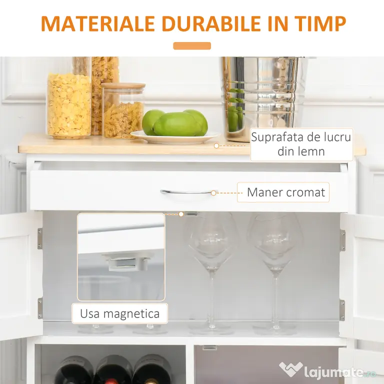 HOMCOM Cărucior Bucătărie cu Suport Sticle, Lemn de Cauciuc și MDF, 67x37x87cm, Design Elegant, Alb | Aosom Romania