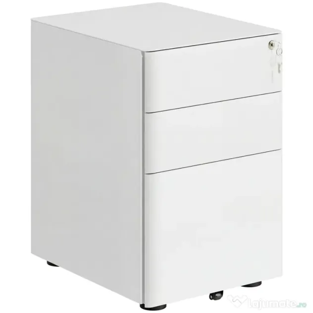 Vinsetto Fiset Metalic cu 3 Sertare și Sistem de Blocare, Mobilier de Birou pe Roti, 39x48x59cm, Design Compact, Alb | Aosom Romania