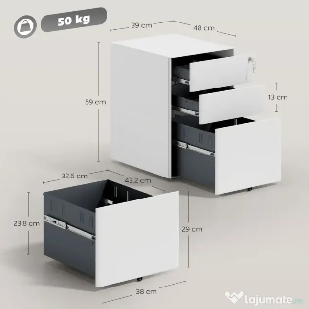 Vinsetto Fiset Metalic cu 3 Sertare și Sistem de Blocare, Mobilier de Birou pe Roti, 39x48x59cm, Design Compact, Alb | Aosom Romania