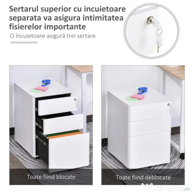 Vinsetto Fiset Metalic cu 3 Sertare și Sistem de Blocare, Mobilier de Birou pe Roti, 39x48x59cm, Design Compact, Alb | Aosom Romania