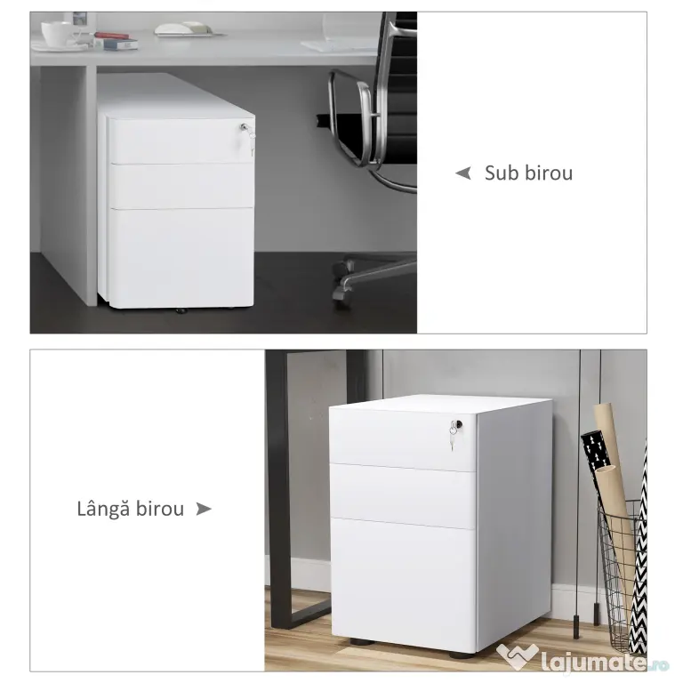 Vinsetto Fiset Metalic cu 3 Sertare și Sistem de Blocare, Mobilier de Birou pe Roti, 39x48x59cm, Design Compact, Alb | Aosom Romania