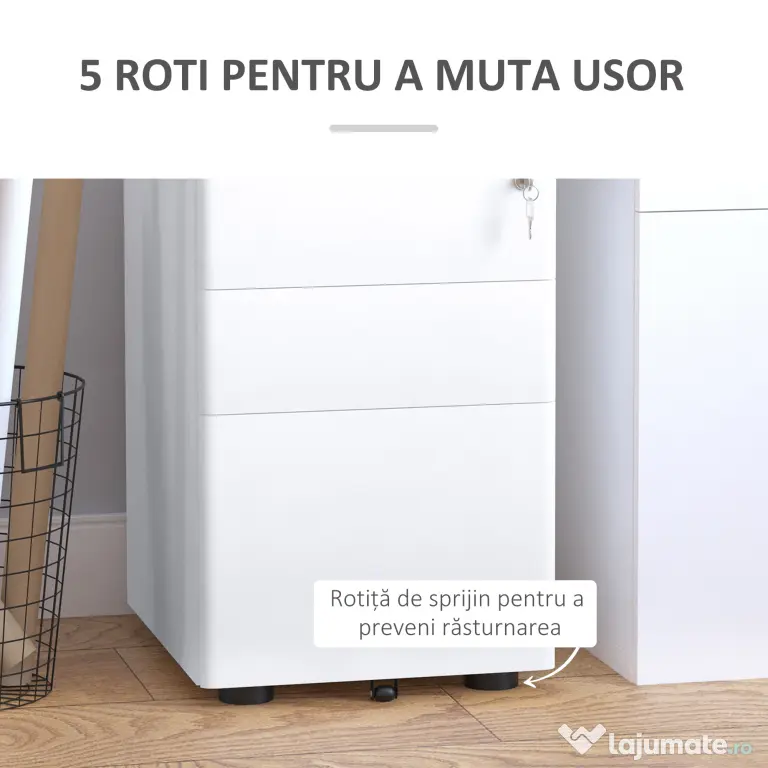 Vinsetto Fiset Metalic cu 3 Sertare și Sistem de Blocare, Mobilier de Birou pe Roti, 39x48x59cm, Design Compact, Alb | Aosom Romania