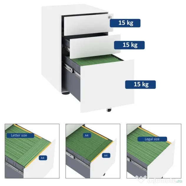 Vinsetto Fiset Metalic cu 3 Sertare și Sistem de Blocare, Mobilier de Birou pe Roti, 39x48x59cm, Design Compact, Alb | Aosom Romania