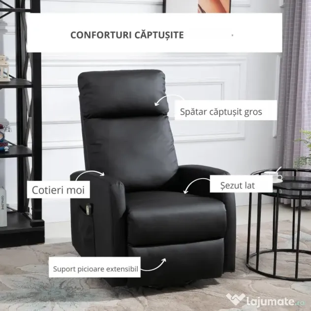 Fotoliu rabatabil cu sistem de ridicare, captusit, electric, 145° cu suport pentru picioare cu telecomanda din PU negru HOMCOM | Aosom Romania