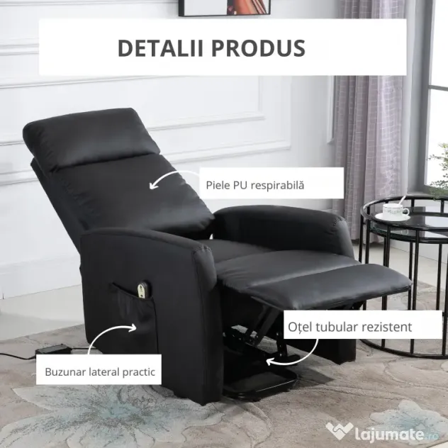 Fotoliu rabatabil cu sistem de ridicare, captusit, electric, 145° cu suport pentru picioare cu telecomanda din PU negru HOMCOM | Aosom Romania