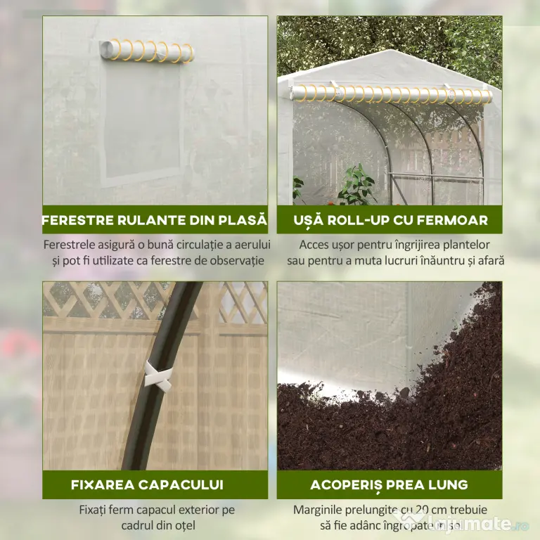Outsunny Seră Tunel pentru Grădină cu 6 Ferestruici și Ușă Rulantă, Seră pentru Grădină din Oțel, 3,5x3x2 m, Alb | Aosom Romania