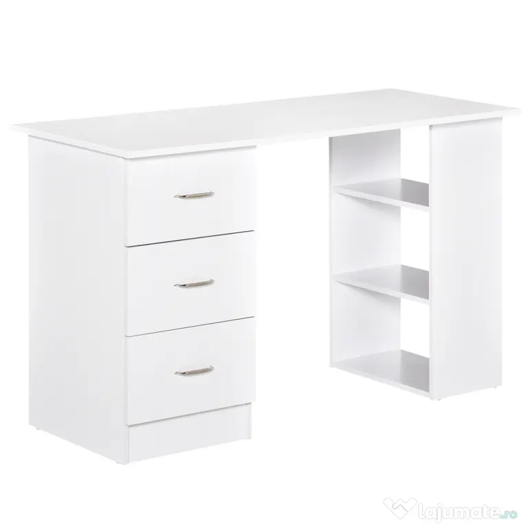 HOMCOM Birou modern alb cu 3 Sertare si Rafturi in Lemn 120x49x72cm