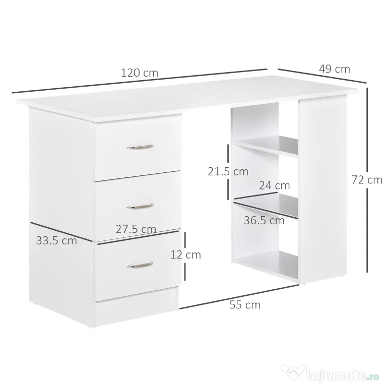 HOMCOM Birou modern alb cu 3 Sertare si Rafturi in Lemn 120x49x72cm