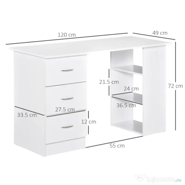 HOMCOM Birou modern alb cu 3 Sertare si Rafturi in Lemn 120x49x72cm