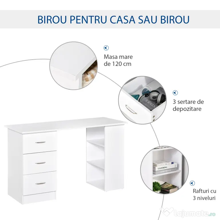 HOMCOM Birou modern alb cu 3 Sertare si Rafturi in Lemn 120x49x72cm