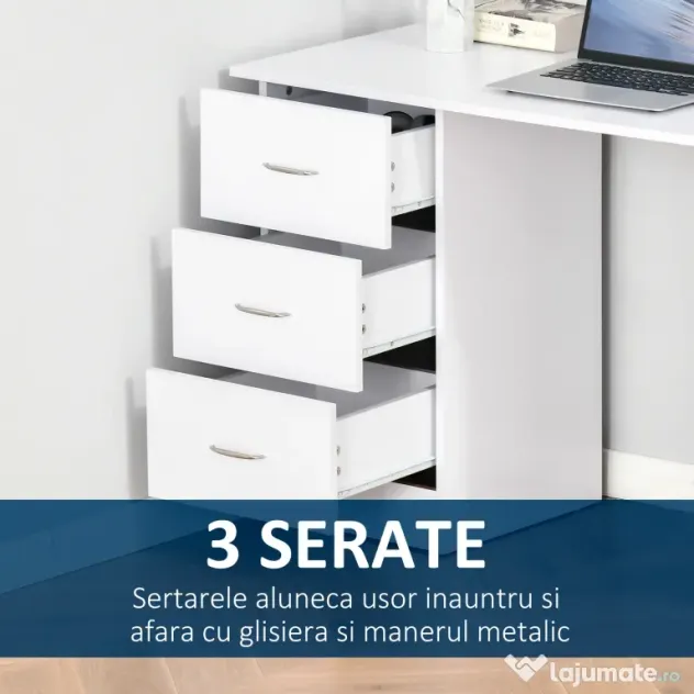 HOMCOM Birou modern alb cu 3 Sertare si Rafturi in Lemn 120x49x72cm