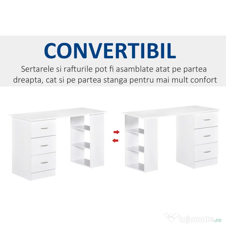 HOMCOM Birou modern alb cu 3 Sertare si Rafturi in Lemn 120x49x72cm
