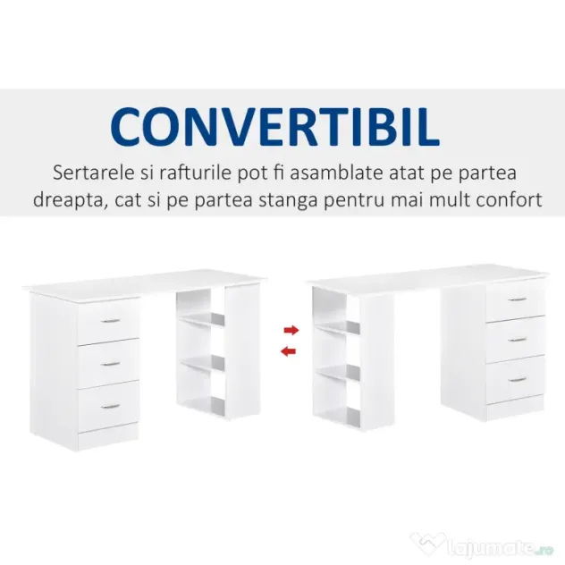 HOMCOM Birou modern alb cu 3 Sertare si Rafturi in Lemn 120x49x72cm