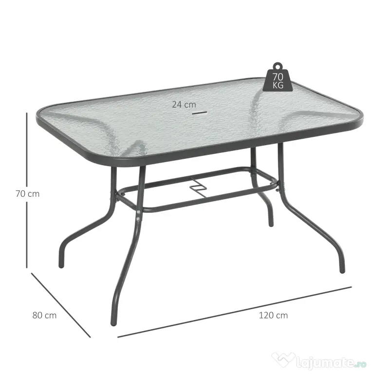 Outsunny Masă Pliabilă pentru Grădină cu Gaură pentru Umbrelă, Mobilier Exterior din Metal și Sticlă, 120x80x70 cm | Aosom Romania