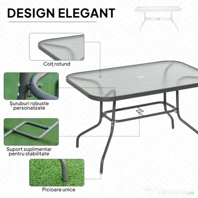 Outsunny Masă Pliabilă pentru Grădină cu Gaură pentru Umbrelă, Mobilier Exterior din Metal și Sticlă, 120x80x70 cm | Aosom Romania