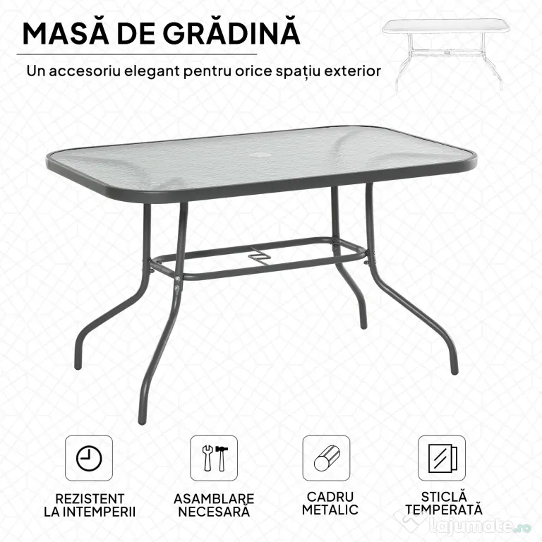 Outsunny Masă Pliabilă pentru Grădină cu Gaură pentru Umbrelă, Mobilier Exterior din Metal și Sticlă, 120x80x70 cm | Aosom Romania