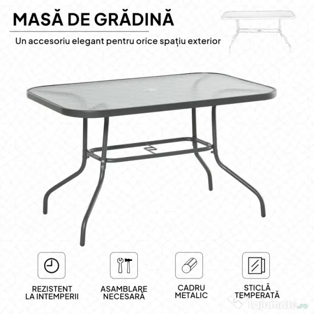 Outsunny Masă Pliabilă pentru Grădină cu Gaură pentru Umbrelă, Mobilier Exterior din Metal și Sticlă, 120x80x70 cm | Aosom Romania