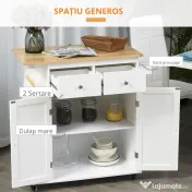 HOMCOM Cărucior Bucătărie cu 3 Niveluri, 2 Sertare Culisante, 4 Roți, Raft Reglabil, Design Modern, Alb și Lemn Natural, 89x45x89cm | Aosom Romania 