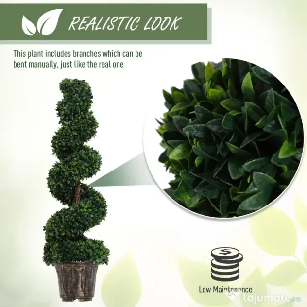 Outsunny Plantă Artificială Decorativă Buxus în Spirală cu Ghiveci Inclus, Ф32x120 cm, Verde