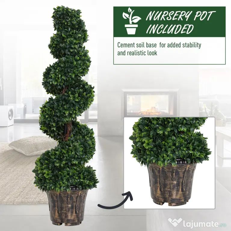 Outsunny Plantă Artificială Decorativă Buxus în Spirală cu Ghiveci Inclus, Ф32x120 cm, Verde