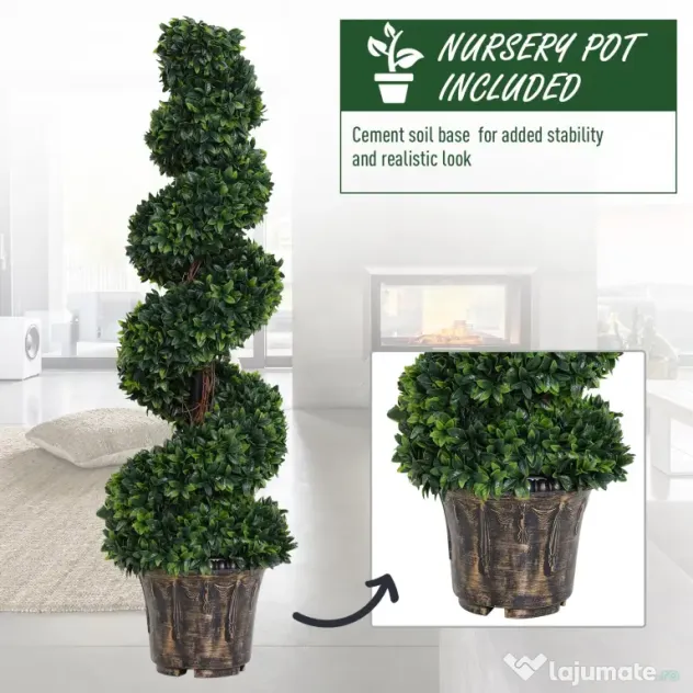 Outsunny Plantă Artificială Decorativă Buxus în Spirală cu Ghiveci Inclus, Ф32x120 cm, Verde