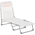 Outsunny Șezlong Pliabil cu Spătar Reglabil în 5 Poziții și Pernă, Șezlong de Grădină cu Material Textil Respirabil, pentru Plajă, Piscină, Grădină, 182x56x28 cm, Crem