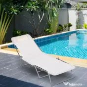 Outsunny Șezlong Pliabil cu Spătar Reglabil pe 5 Nivele și Pernă, Șezlong de Grădină cu Material Texteline, pentru Plajă, Piscină, Grădină, 182x56x28 cm, Crem | Aosom Romania 