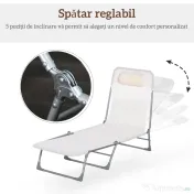 Outsunny Șezlong Pliabil cu Spătar Reglabil pe 5 Nivele și Pernă, Șezlong de Grădină cu Material Texteline, pentru Plajă, Piscină, Grădină, 182x56x28 cm, Crem | Aosom Romania 
