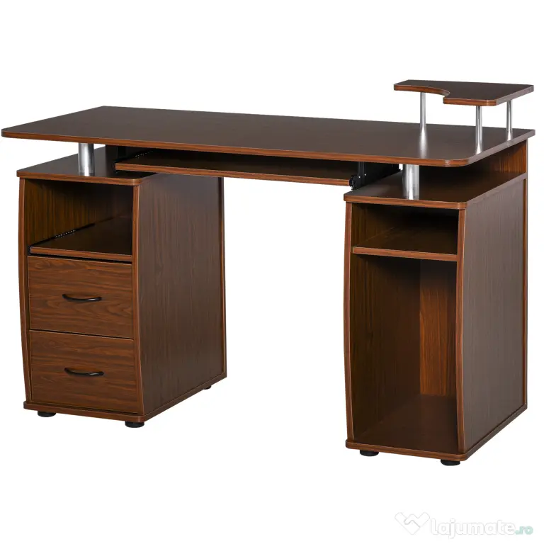 HOMCOM Masă de Birou Modernă cu Suport pentru Computer, Sertare, Poliță Extensibilă și Suport pentru Tastatură, 120x55x85 cm, Maro | Aosom Romania