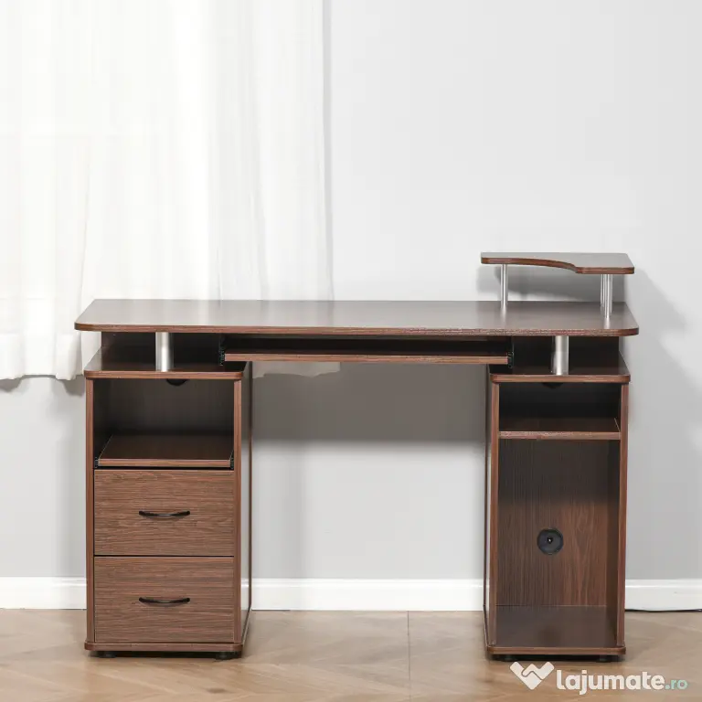 HOMCOM Masă de Birou Modernă cu Suport pentru Computer, Sertare, Poliță Extensibilă și Suport pentru Tastatură, 120x55x85 cm, Maro | Aosom Romania