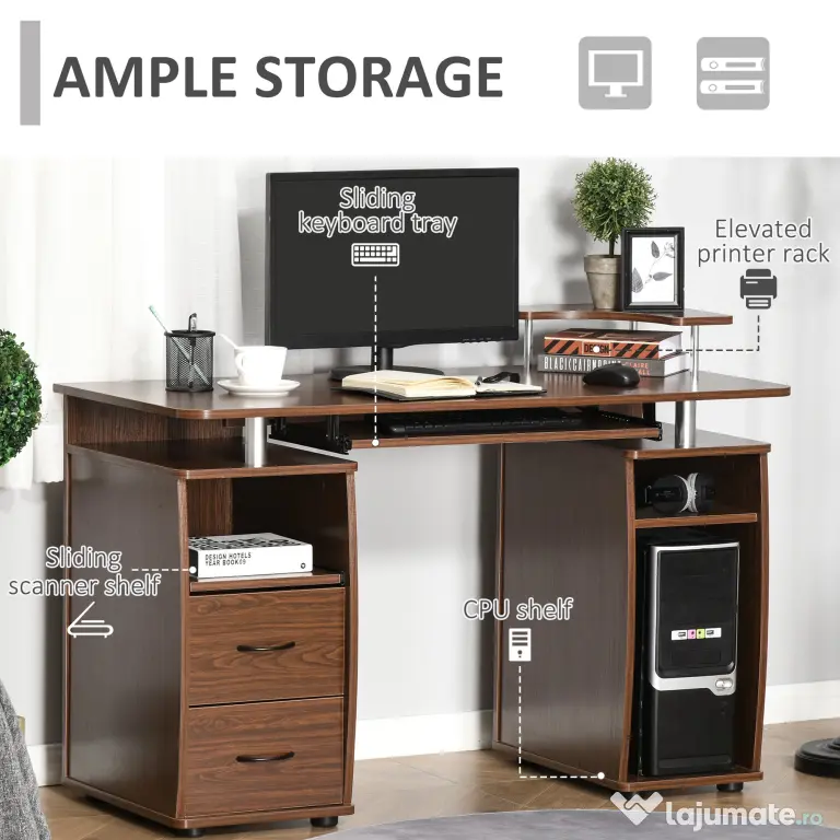 HOMCOM Masă de Birou Modernă cu Suport pentru Computer, Sertare, Poliță Extensibilă și Suport pentru Tastatură, 120x55x85 cm, Maro | Aosom Romania