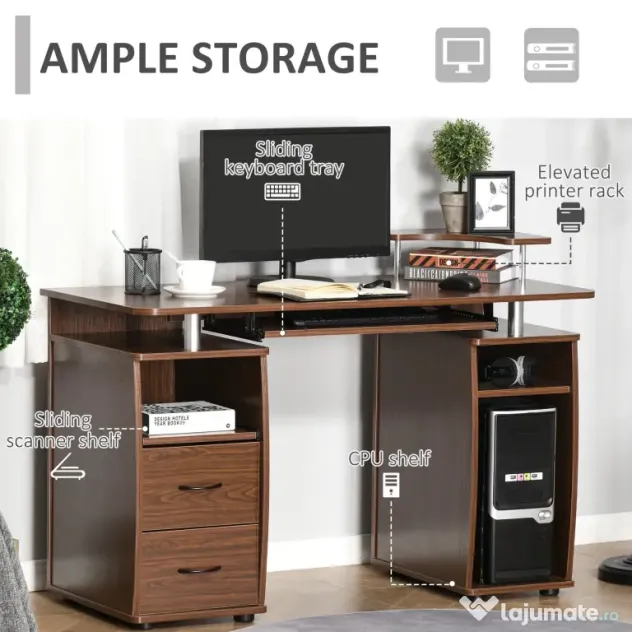 HOMCOM Masă de Birou Modernă cu Suport pentru Computer, Sertare, Poliță Extensibilă și Suport pentru Tastatură, 120x55x85 cm, Maro | Aosom Romania