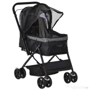 PawHut Cărucior Pliabil pentru Câinii Mici, Mâner Reversibil, Roți EVA, Negru, 76.5x52x95cm | Aosom Romania 