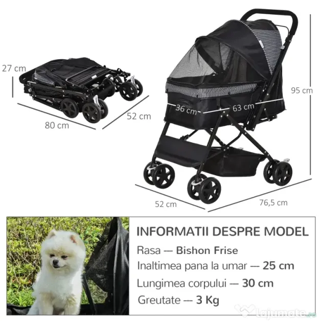 PawHut Cărucior Pliabil pentru Câinii Mici, Mâner Reversibil, Roți EVA, Negru, 76.5x52x95cm | Aosom Romania