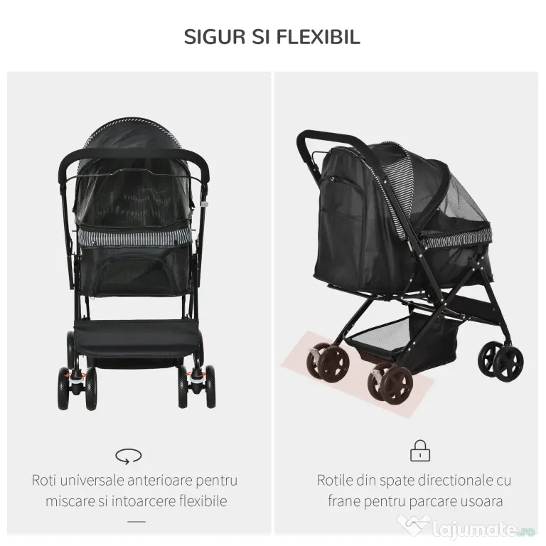 PawHut Cărucior Pliabil pentru Câinii Mici, Mâner Reversibil, Roți EVA, Negru, 76.5x52x95cm | Aosom Romania