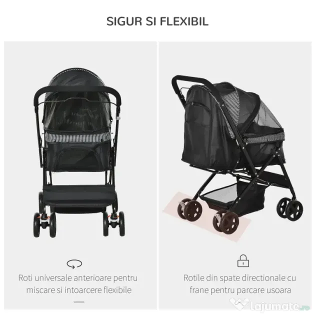 PawHut Cărucior Pliabil pentru Câinii Mici, Mâner Reversibil, Roți EVA, Negru, 76.5x52x95cm | Aosom Romania