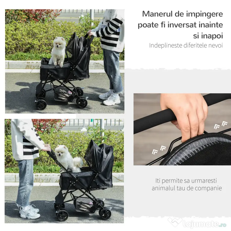 PawHut Cărucior Pliabil pentru Câinii Mici, Mâner Reversibil, Roți EVA, Negru, 76.5x52x95cm | Aosom Romania