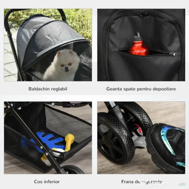 PawHut Cărucior Pliabil pentru Câinii Mici, Mâner Reversibil, Roți EVA, Negru, 76.5x52x95cm | Aosom Romania